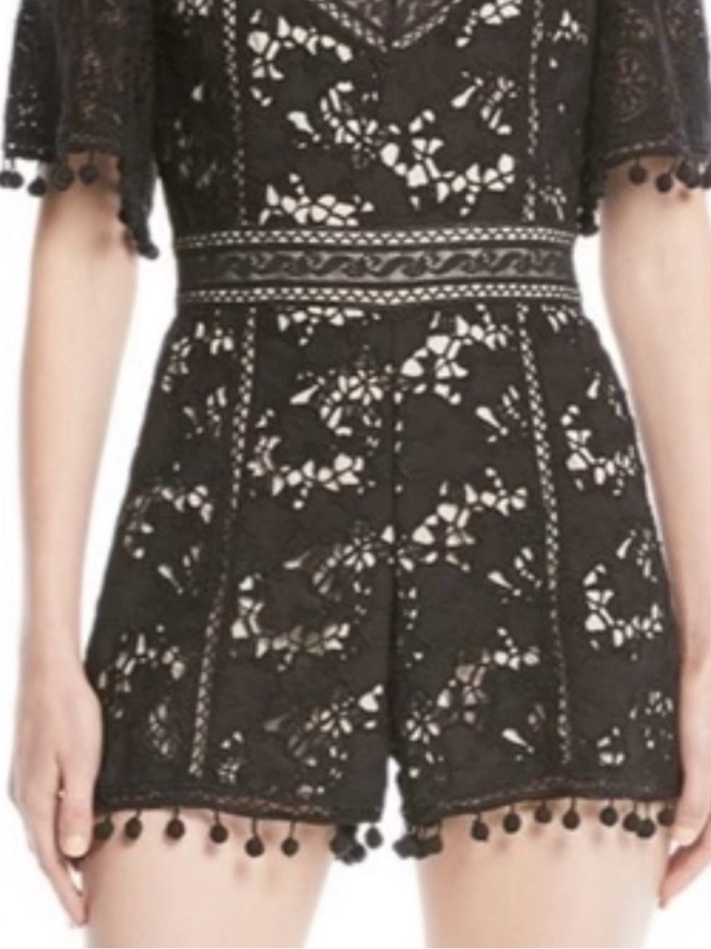 Alice + Olivia Black Floral Lace Romper with Pom Trim